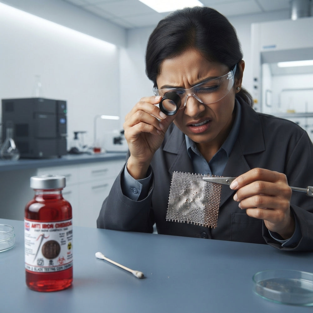 South Asian technician inspecting metal fabric for iron contaminants in a professional lab with slate blue and charcoal accen
