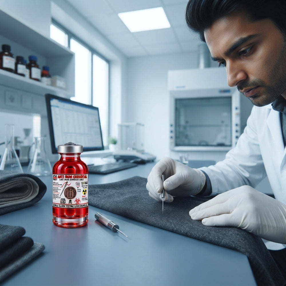 A technician performing a needle test on fabric with a bottle of Anti-Iron Needle Chemical in a professional laboratory setti